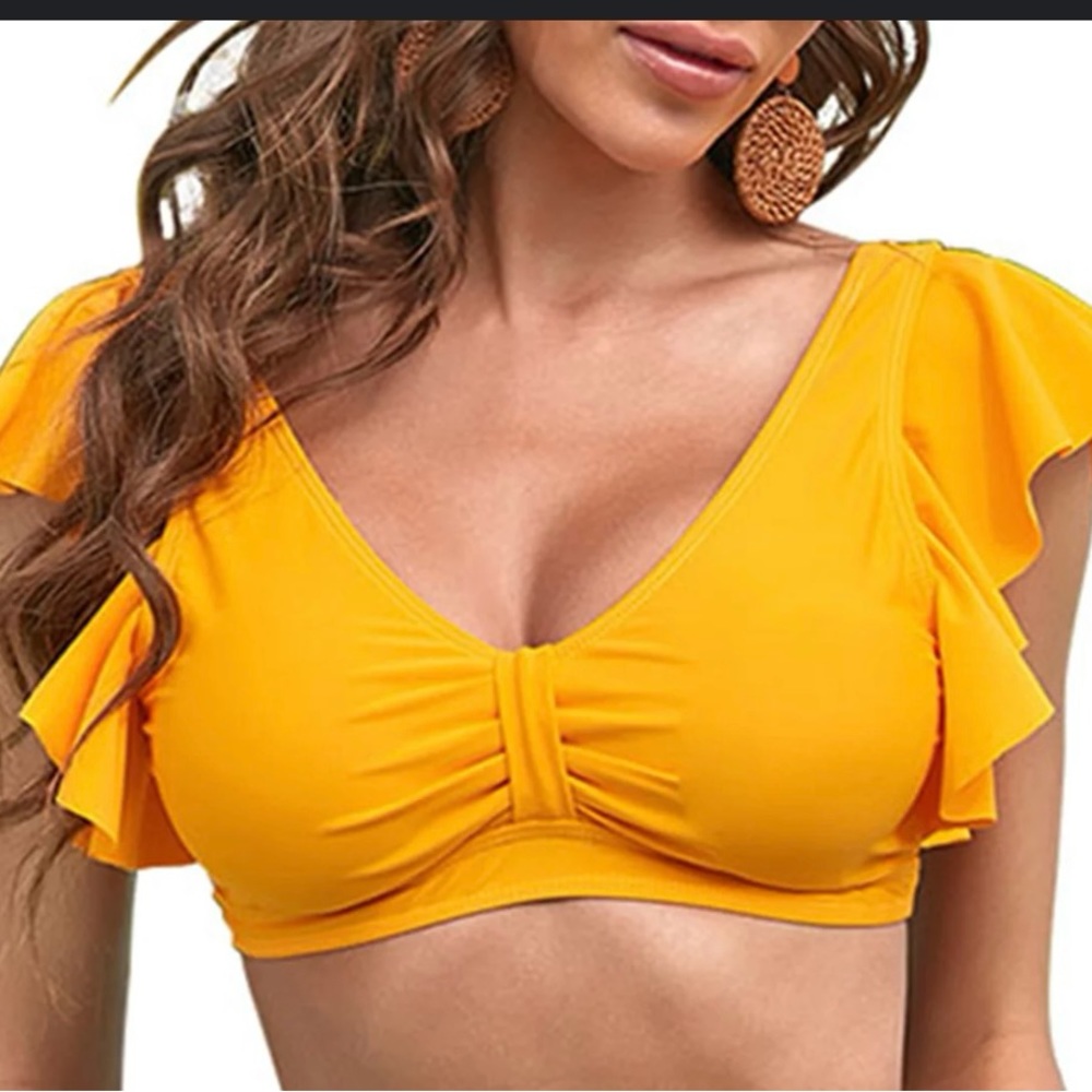 NWOT Bathing Suit Top Yellow Ruffled sleeve